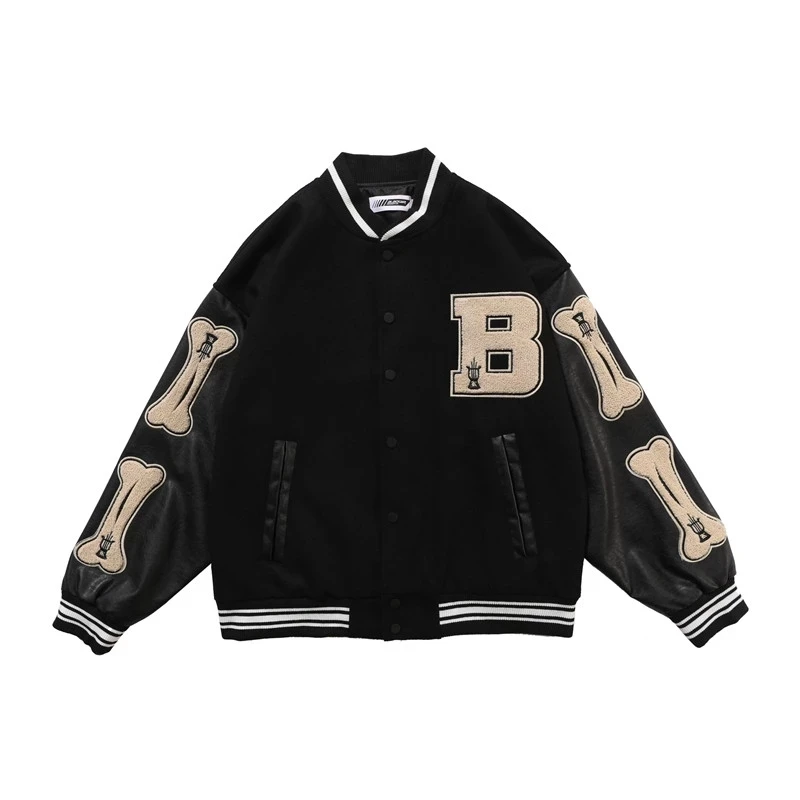 Furry Bone Letter Printed Baseball Jacket Coats Hip Hop Patchwork Embroidery Streetwear College Rock Jacket 100% High quality