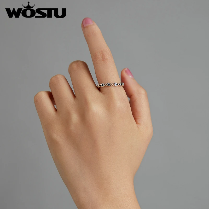 WOSTU 925 Sterling Silver Rings Zircon Simple Lucky Eye Finger Ring For Women Elegant Silver Jewelry Gift CTR212