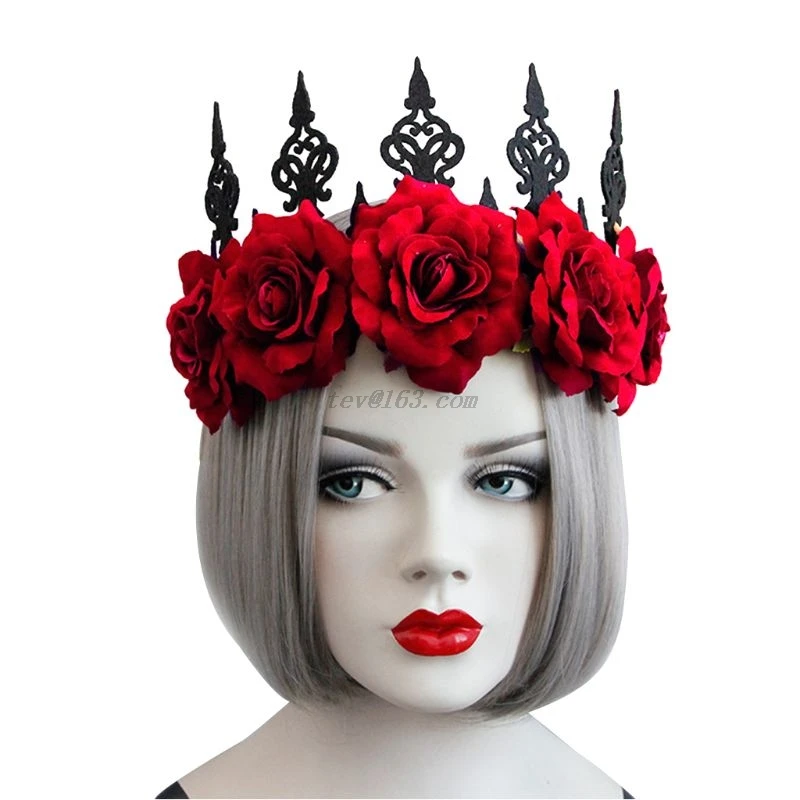 Lady Queen Head Wreath Vintage Gothic Black Crown Red Roses Tiara Headband Halloween Party Masquerade Cosplay