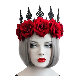 Lady Queen Head Wreath Vintage Gothic Black Crown Red Roses Tiara Headband Halloween Party Masquerade Cosplay