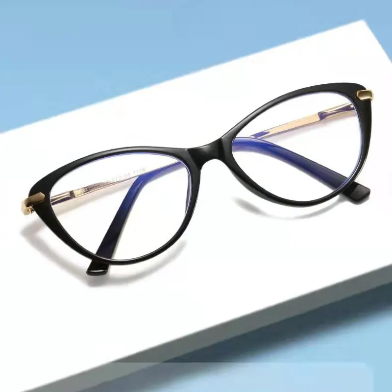 BLue Light Block Fashion Eyeglasses Women Cat-Eye Optical Eyewear Full Rim Plastic Front Frame Rim and Alloy Temple Arms