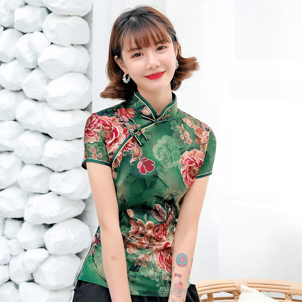 Women Tang Coat Tops Traditional Chinese Plus Size Print Flower Sexy Slim Shirt Soft Green Satin Blouse Vintage Classic Clothing