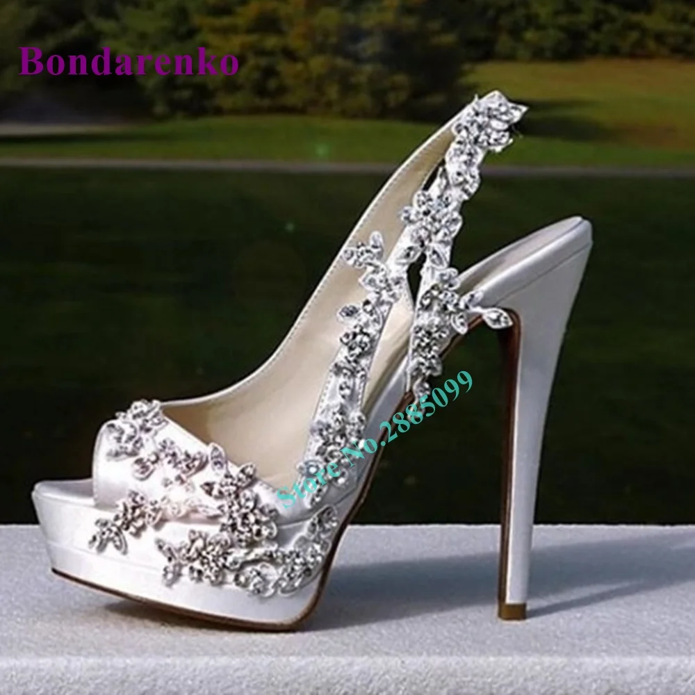 White Satin Slingback Pumps Women Wedding Shoe Bridal Heels Rhinestone Peep Toe Platform Solid Pump Spring Party Dress Pump Shoe