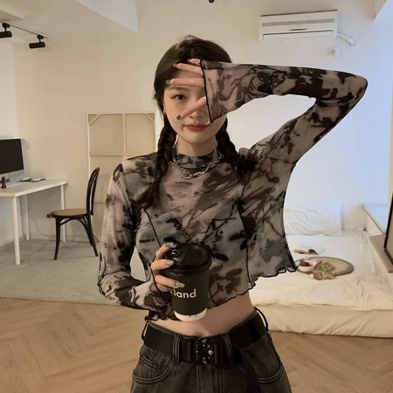 Women Long Sleeve T-shirts Sexy Mesh Tie Dye High Street Crop Tops Girls Summer Thin Breathable Slim All-match Tees Ulzzang Chic