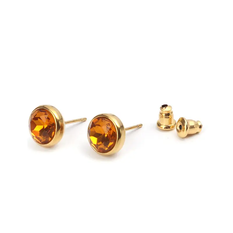 2 PCs Stainless Steel Ear Post Stud Earrings Gold Round Multicolor Rhinestone Jewrlry 10mm Dia., Post/ Wire Size: (20 gauge)