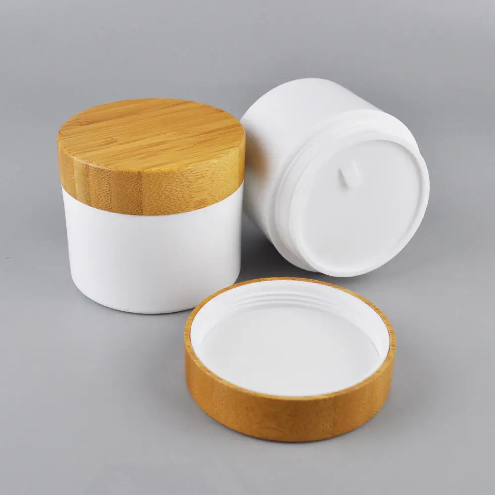 Empty body butter container 10/30/50/100/250g white PP plastic bamboo cap cream jars OEM Print logo on bamboo cosmetic packaging