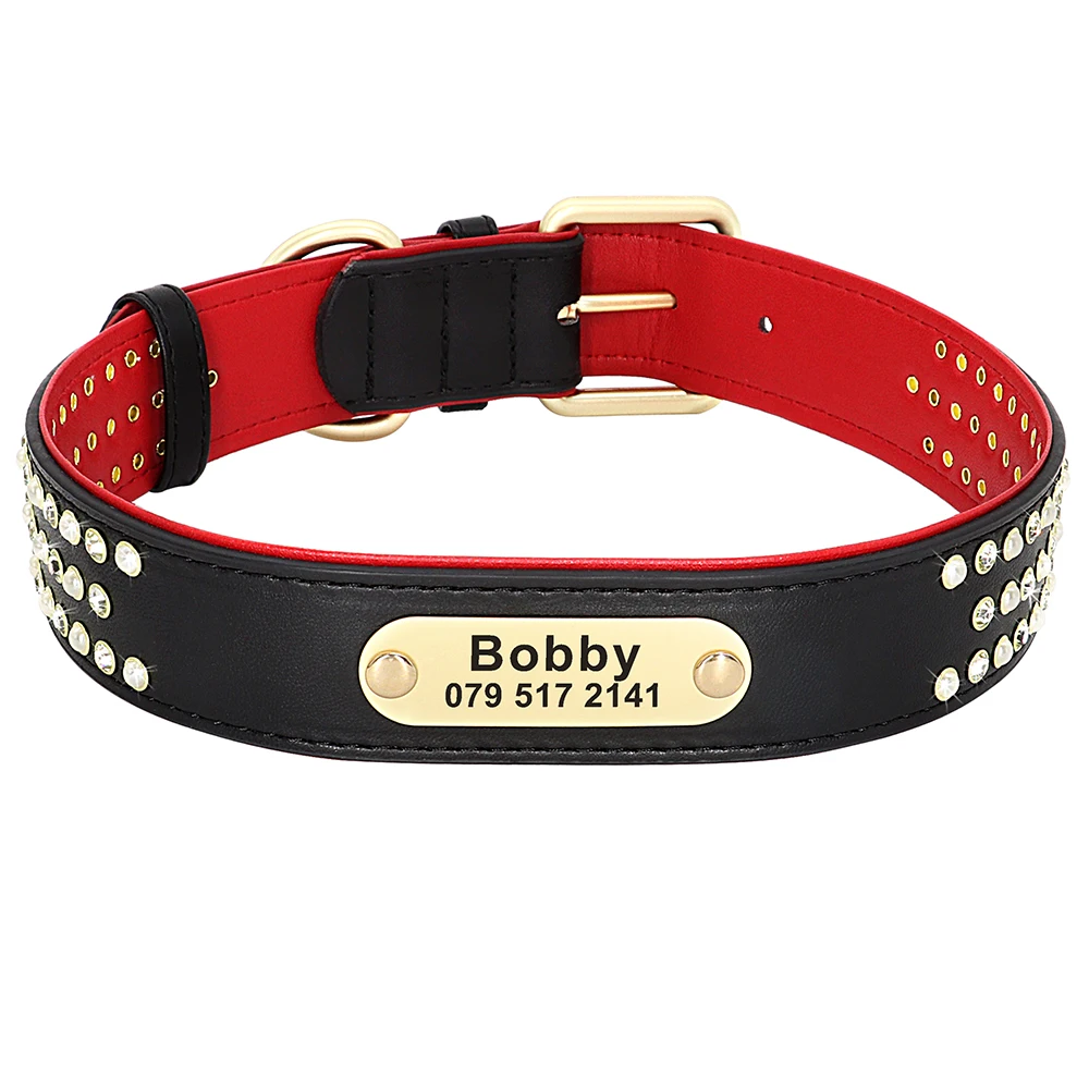 PU Leather Dog Collar Personalized Soft Padded Dog Collar Bling Rhinestone Crystal Pet Collars Engraved Nameplate Tag For Dogs