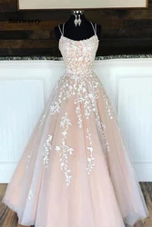 Princess Spaghetti Straps A Line Appliques Tulle Lace up Pink Prom Dresses 2025 New Part Gowns