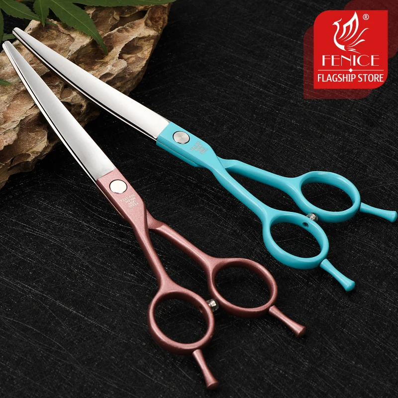 Fenice 6.5 inch Left Handed Scissors Pet Dog Grooming Curved Scissors JP440C Stainless Steel Pink/Blue