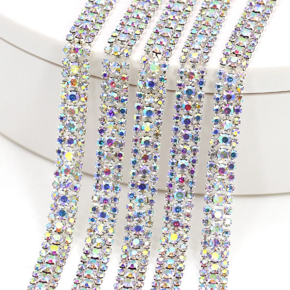1 ярд, 3 ряда, кристалл AB Стразы, s отделка, Золотая/серебряная основа, цепочка для шитья, цепочка, стеклянная стразы, лента для одежды, платья 1 ярд, 3 ряда, кристалл AB Стразы, s отделка, Золотая/серебряная основа, цепочка для шитья, цепочка, стеклянная стразы, лента для одежды, платья