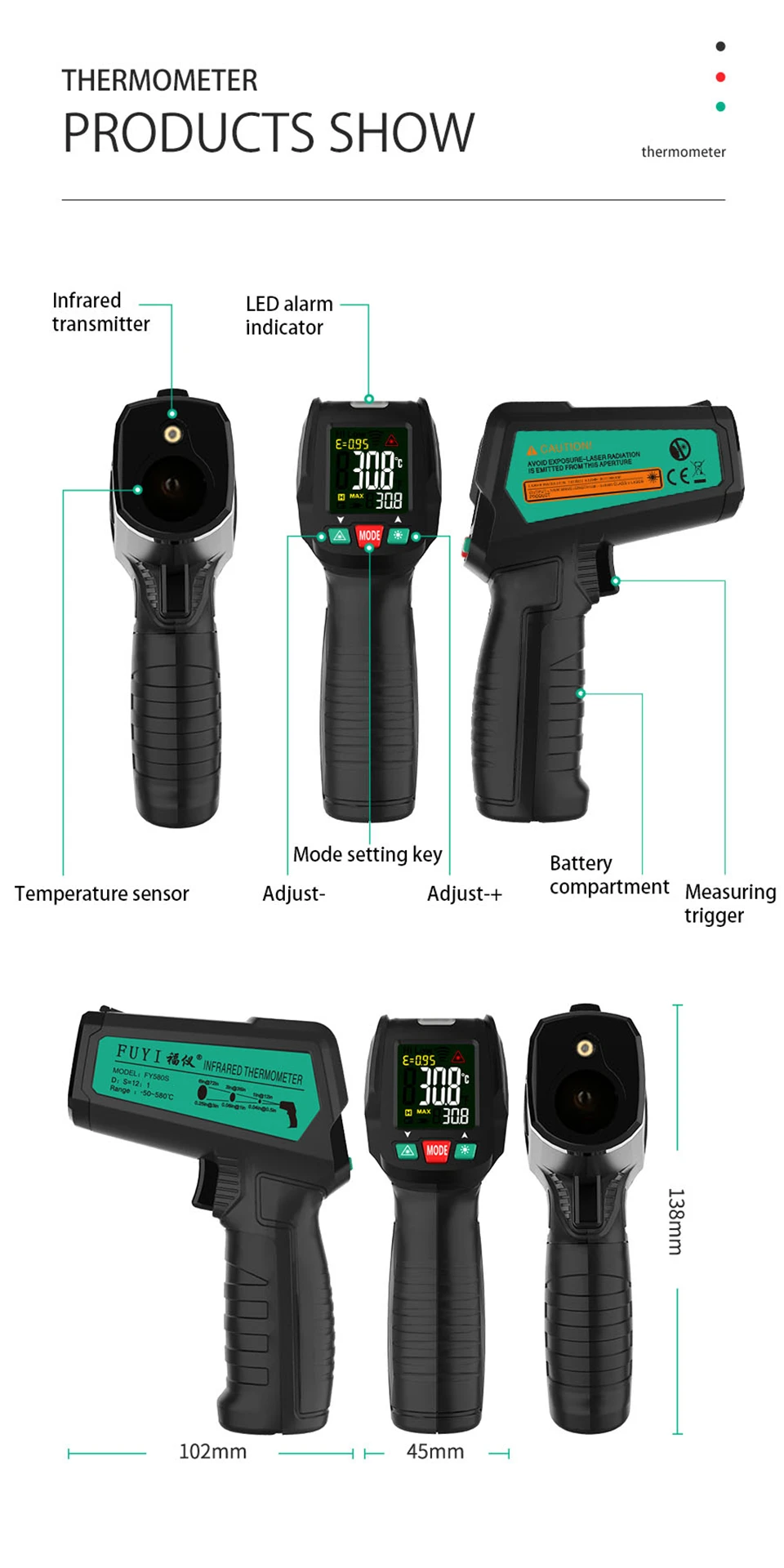 Industrial Infrared Thermometer Non Contact Temperature Gun Laser Handheld IR Pyrometer Colorful LCD Display 50-580C With Alarm