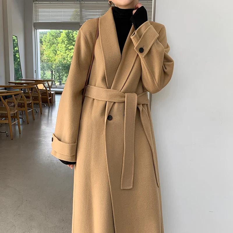 

Wavsiyier Loose Warm Elegant Long Woolen Coat Women Solid Thicken Ladies Notched Collar Winter Jacket Lace-Up 2020 Blend Coats