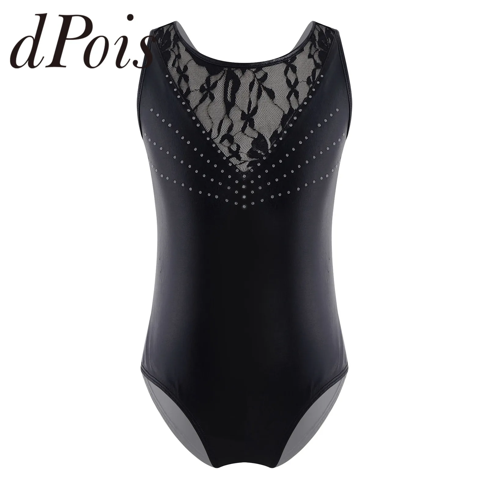 Kids Teens Girls Faux Leather Gymnastics Leotard Bodysuit Sleeveless Mesh Sequins Ballet Leotards Dance Wear Dancing Jumpsuit