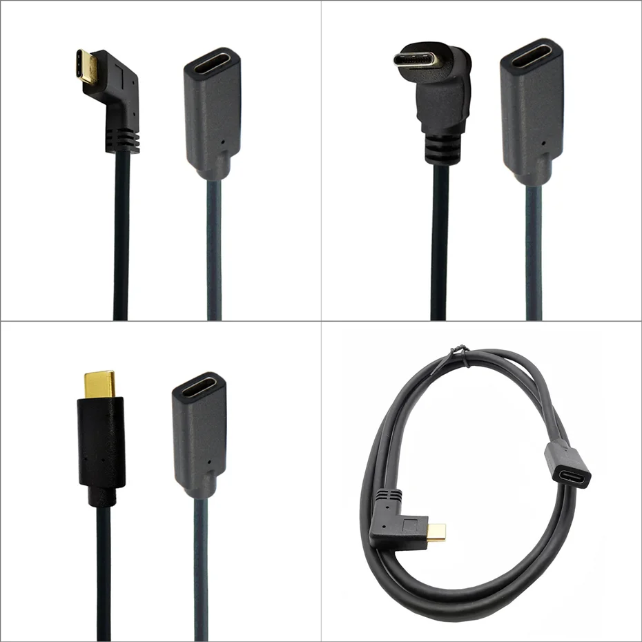 Gold Type-C USB 3.1 Male to USB-C Female 90 degree Extension Data Cable Extender Cord Reversible Design 10Gb/s 0.3m 0.6m 1m 1.8m
