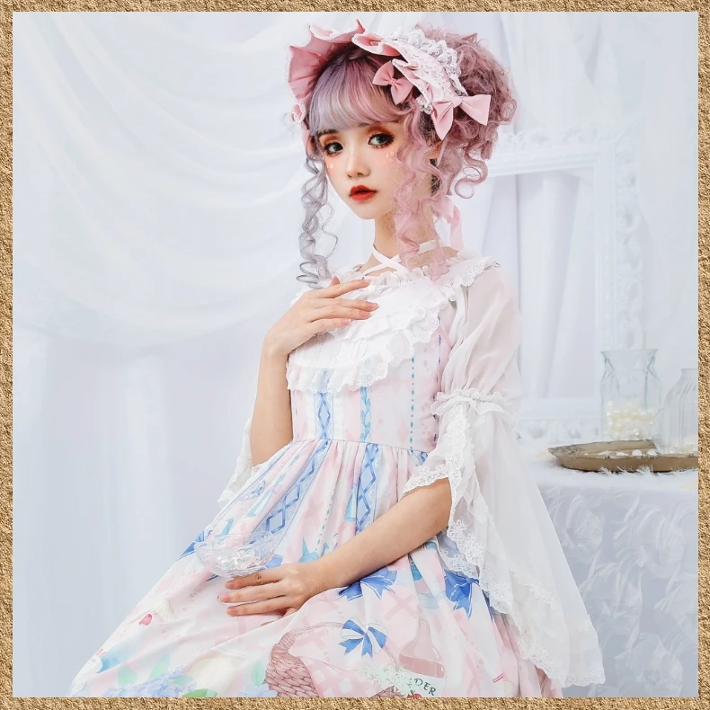 Sweet lolita shirt vintage lace bowknot o-neck flare sleeve cross bandage victorian shirt kawaii girl gothic lolita top loli cos