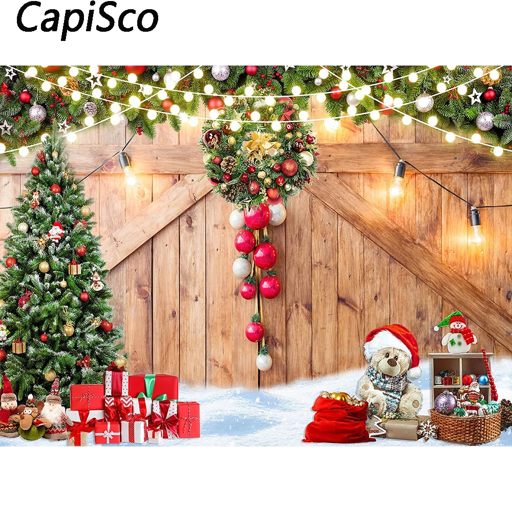 Capisco Christmas Photography Backdrop Barn Wood Door Gifts Toy Photocall Winter Snow Portrait Background Photo Studio Props