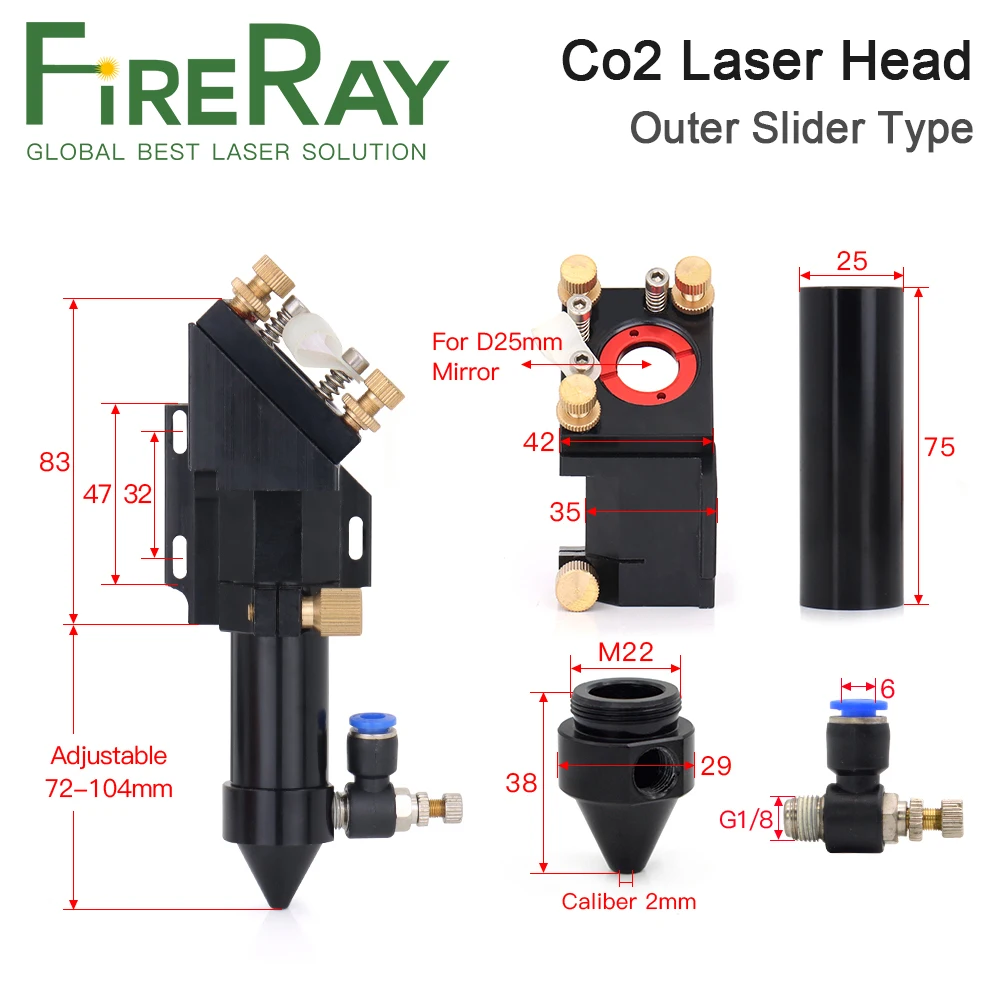 Fireray CO2 Laser Head for Dia.20mm FL 50.8/63.5mm Lens D25mm Mirror Outer Slider Type with Air Nozzle