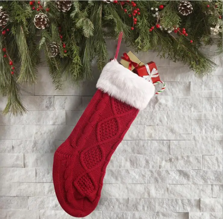 High Quality knitting wool Christmas Socks Xmas Candy BAG Gift Bag Xmas Party  Decoration New Year Red Color