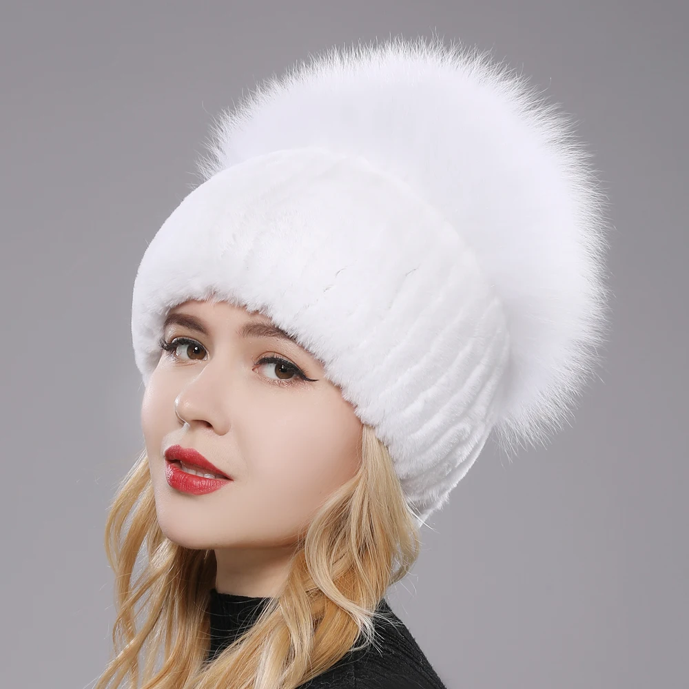 Female\'s Hat Good Elastic Natural Fluffy Real Fox Fur Hat New Winter Women Knitted Real Rex Rabbit Fur Hats Lady Real Fur Cap