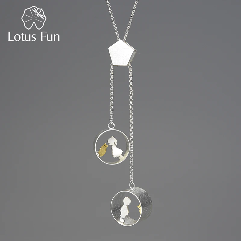 

Lotus Fun Real 925 Sterling Silver Handmade Statement Jewelry Cute Meeting Love With Cat Long Pendant without Necklace for Women