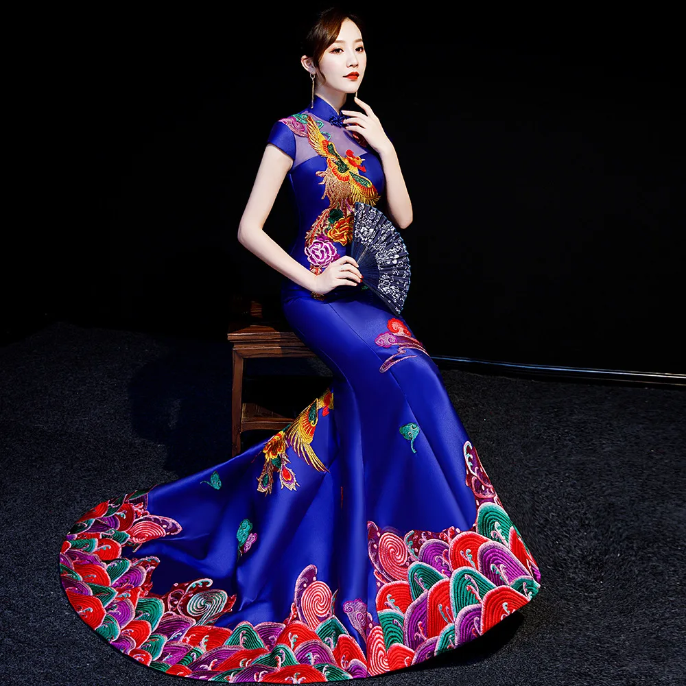 

Blue Chinese Traditional Dress Modern Qipao Wedding Cheongsam Long Evening Gown Party Sexy Backless vestido