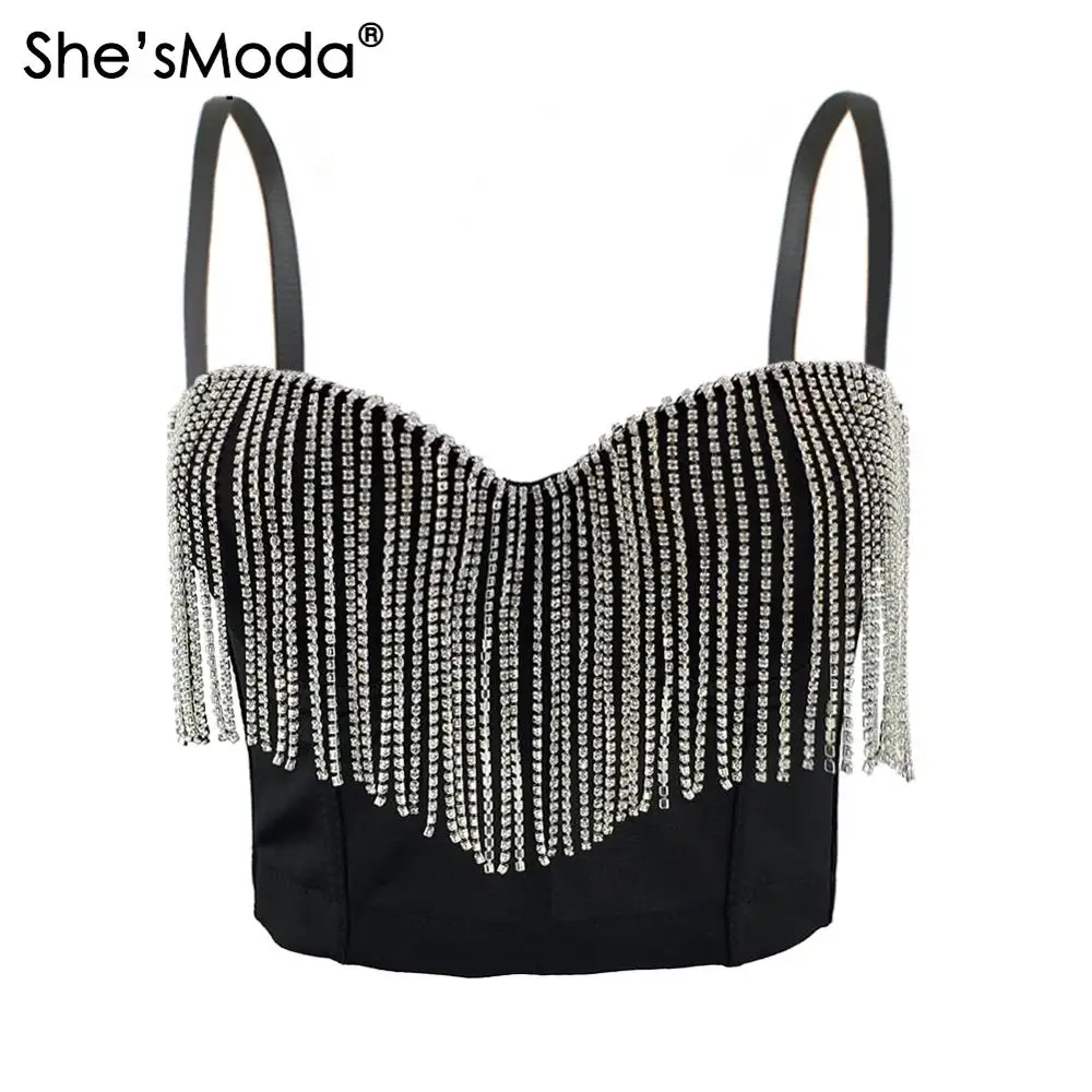 

She'sModa Metal Chain Women's Button Diamonds Push Up Bustier Bra Night Club Party Cropped Top Vest Plus Size