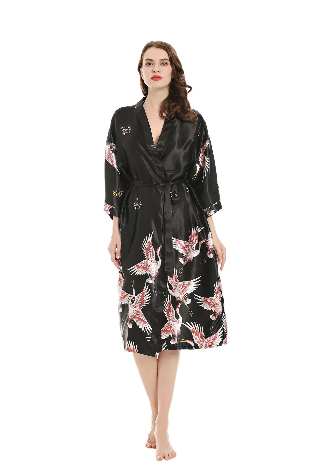 Hot Sale Black Summer Satin Kimono Bathrobe Women Bride Bridesmaid Wedding Robe Dress Gown Sexy Flower Long Sleepwear M-3XL