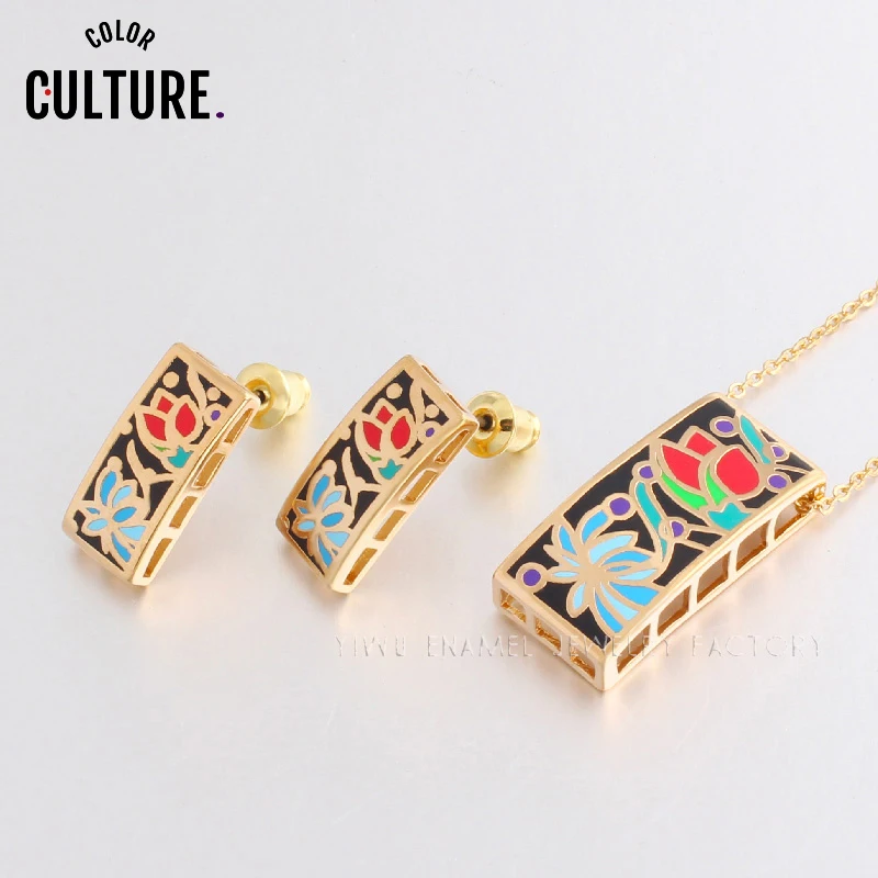 

Color Culture Filled Gold-color Jewelry Sets for Women Flower Design Shape Enamel Vintage Jewelry Set (Necklace, Earring)