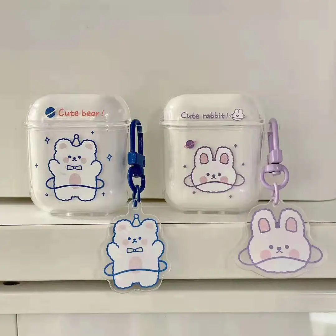 Kreskówka niedźwiedź królik przezroczysty przezroczysty miękkie silikonowe futerały dla Apple Airpods 1 2 Pro okładka Funda z pęku kluczy