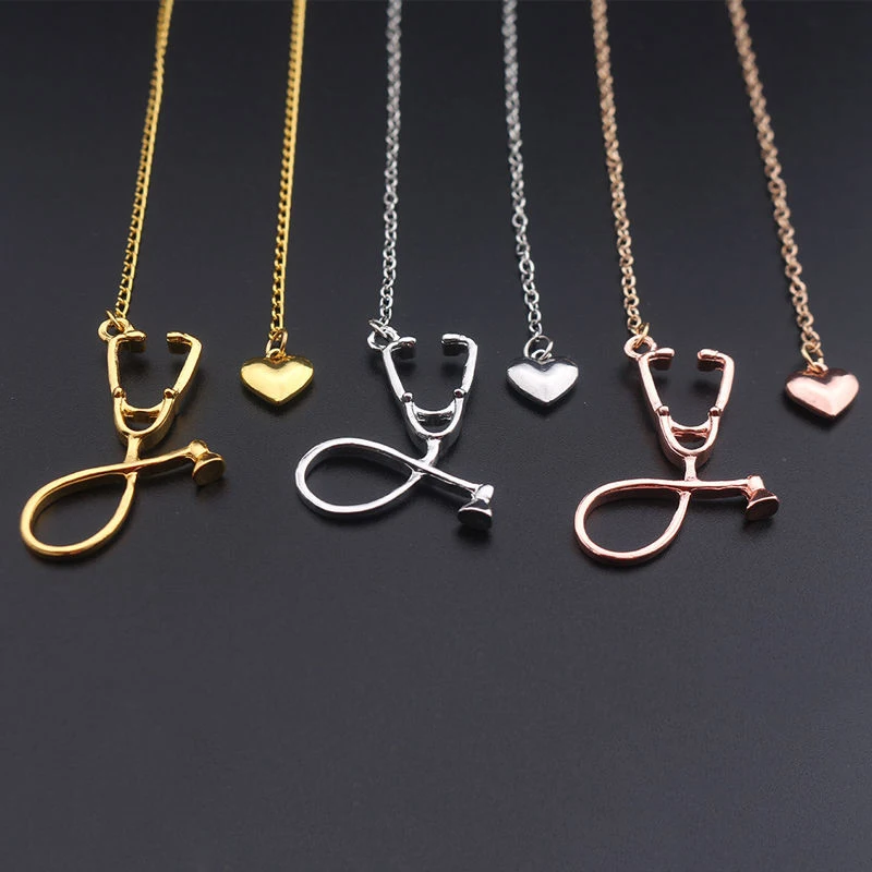 SUMENG 2024 New Fashion Stethoscope Necklace Lariat Heart Pendant Rose Gold  Black Color Nurse Medical  Collares