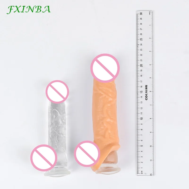 FXINBA 21cm Realistic Large Penis Sleeve Extender Large Reusable Penis Condom Delay Extension Sex Toy for Men Cock Enlarger