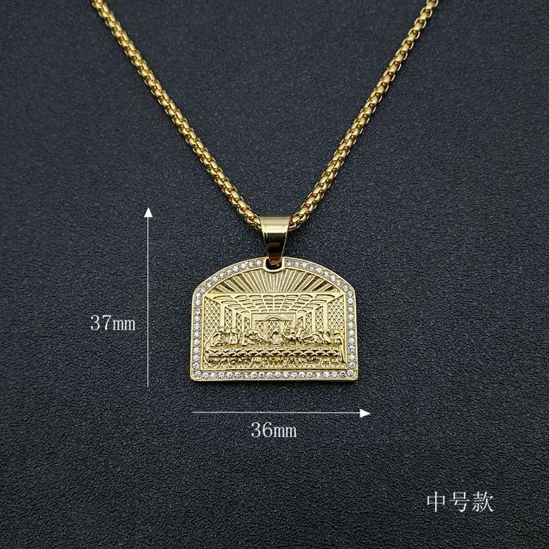 Hip Hop Bling Iced Out Rhinestones Stainless Steel The Last Supper Geometric Square Pendant Necklace for Men Rapper Jewelry