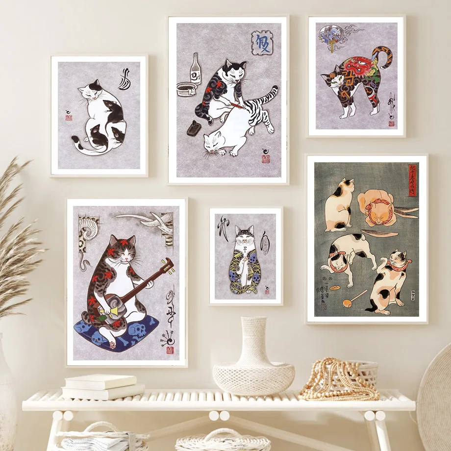 

Japanese Cat Tattoo Samurai Sake Ukiyoe Wall Art Canvas Painting Nordic Posters And Prints Wall Pictures For Living Room Decor