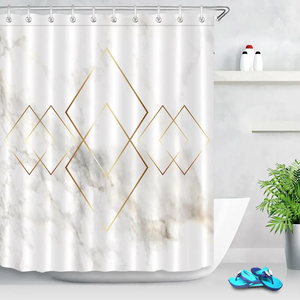 Golden Geometry Rhombus Nordic Marble Texture Shower Curtains Bathroom Curtain Waterproof Polyester Fabric for Bathtub Decor