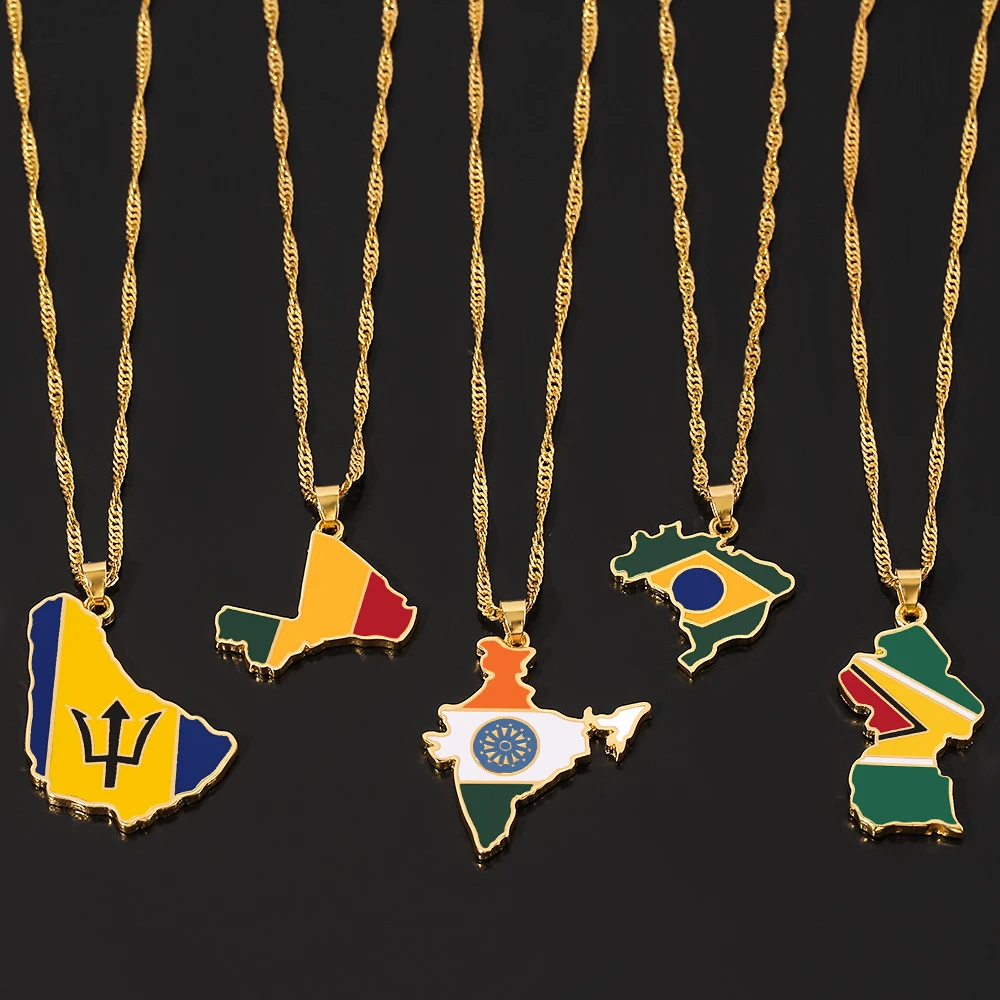 India Barbados Guyana Mali Brazil Map Pendant Necklace Women Men Gold Color Maps Hiphop Item Ethnic Jewelry 2022 Gifts