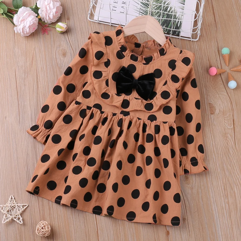 

Girls Dress Spring Autumn New Long-Sleeved Ruffle Ploka Dot Printed Princess Dress Sweet Kids Clothes For 0-3Y