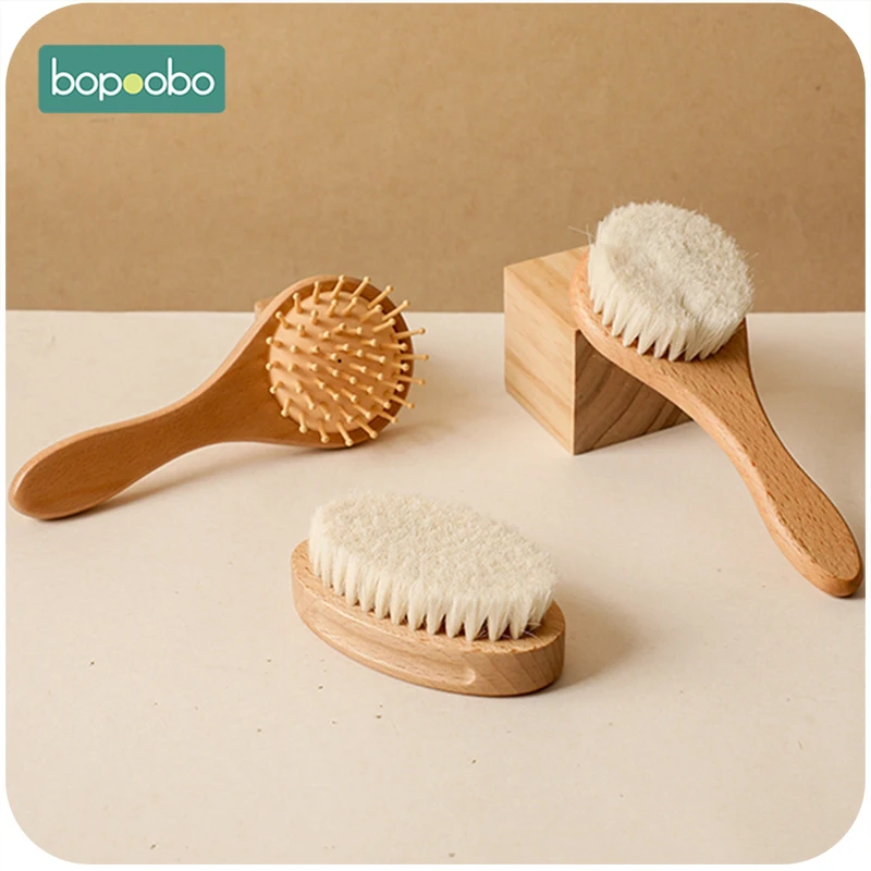 Bopoobo Baby Wooden Brush Natural Wool Comb Bath Supplies  Head Care Soft Massager Portable Brush Infant Hair Comb for Newborn