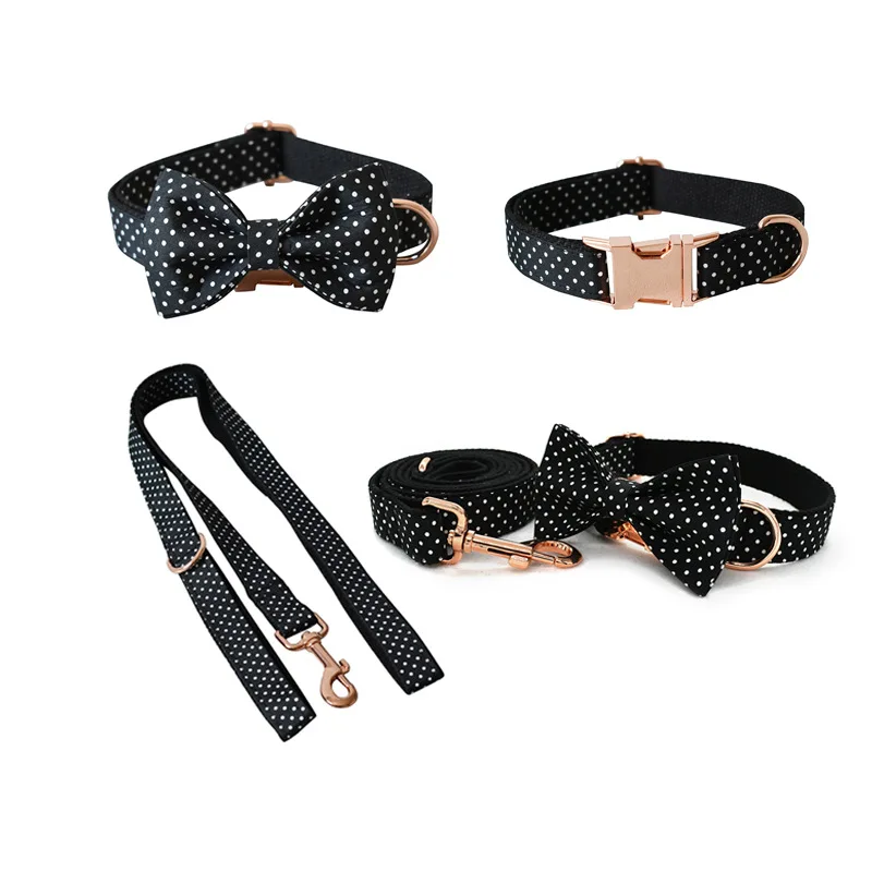 Dog Collar Leash Pet Supplies Accessories Fashion Black Dot Bow Tie Lady Style Soft Comfortable Fabric Easy Quick Release Buckle