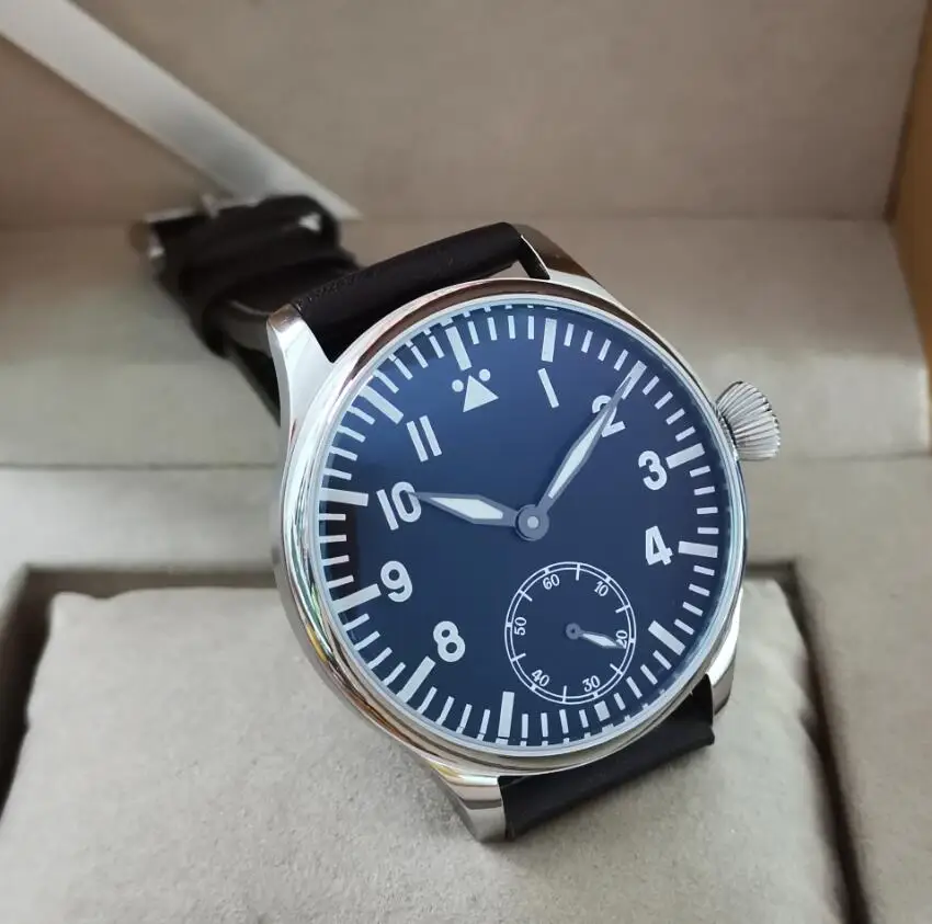 GEERVO No logo pilot 44mm Manual mechanical men\'s Watch Blue luminous Seagull ST3621 movement G095