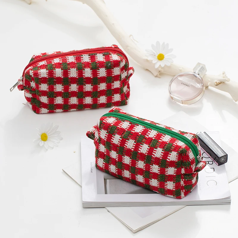 Retro Lattice Bag Matching Christmas Color Knitting Pencil Pen Case Storage Pouch Handbag Wallet for Cosmetic Stationery A6658