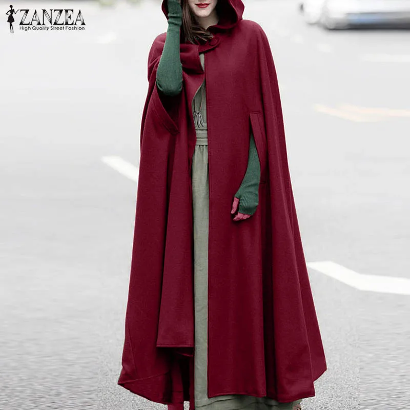 

Stylish Long Cape Cloak ZANZEA Women Hooded Wool Blend Cloak Coat Autumn Hoodies Poncho Warm Cosplay Jackets Outwear Windbreaker