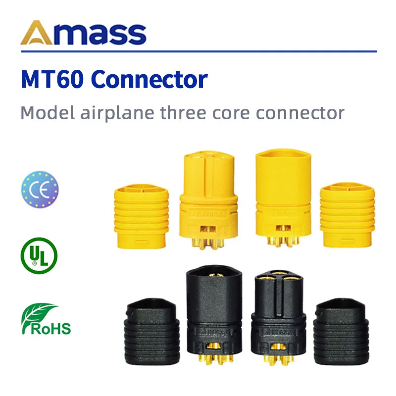 Amass MT Series MT60 Three-pin Plug Motor ESC Socket XT60 Upgraded Version 3 Hole Connector Black Yellow 5 Pairs