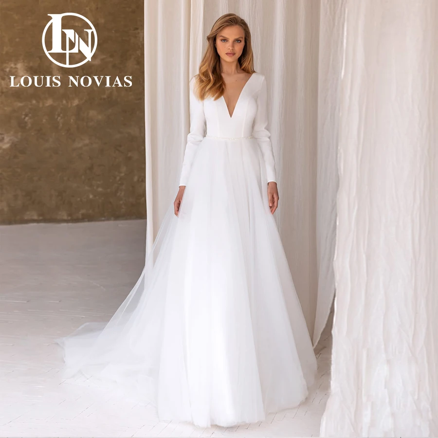 

LOUIS NOVIAS эластичное атласное свадебное платье трапециевидной формы, сексуальное элегантное свадебное платье с открытой спиной, сексуальное платье с глубоким v-образным вырезом и длинными рукавами, Vestido De Novia