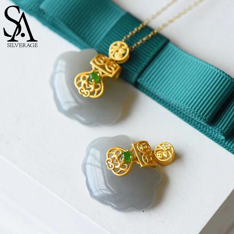 SA SILVERAGE Pendant Jade Changmingsuo Sterling Silver Retro Necklace for Mom Chinese Style Natural Smoke Purple Jade Lock