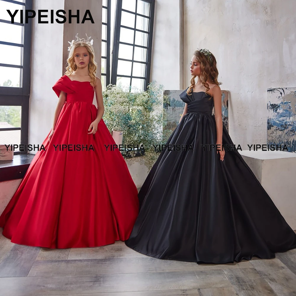 Yipeisha – robe à fleurs en Satin pour filles, sans bretelles, asymétrique, épaule dénudée, longueur au sol, tenue de bal pour enfants, noire, rouge, pour fête d'anniversaire