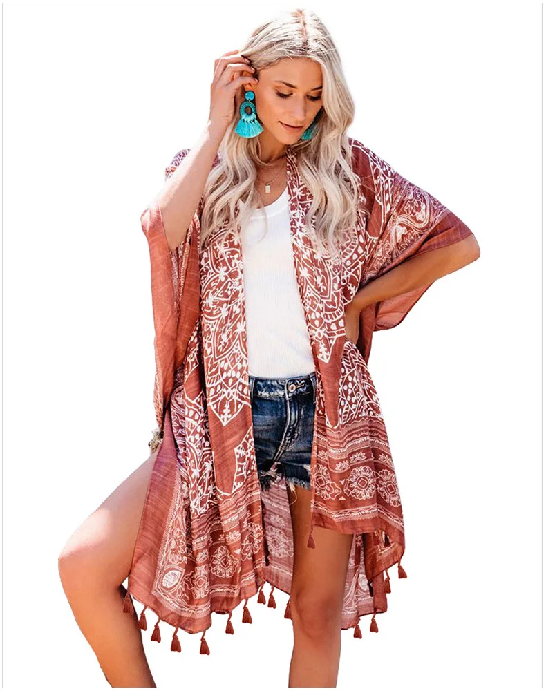 TEELYNN z etnicznym kwiatowym nadrukiem długa bluzka boho bikini na plażę coverup damska suknia fringe tunika letni kardigan swim kimono cover up