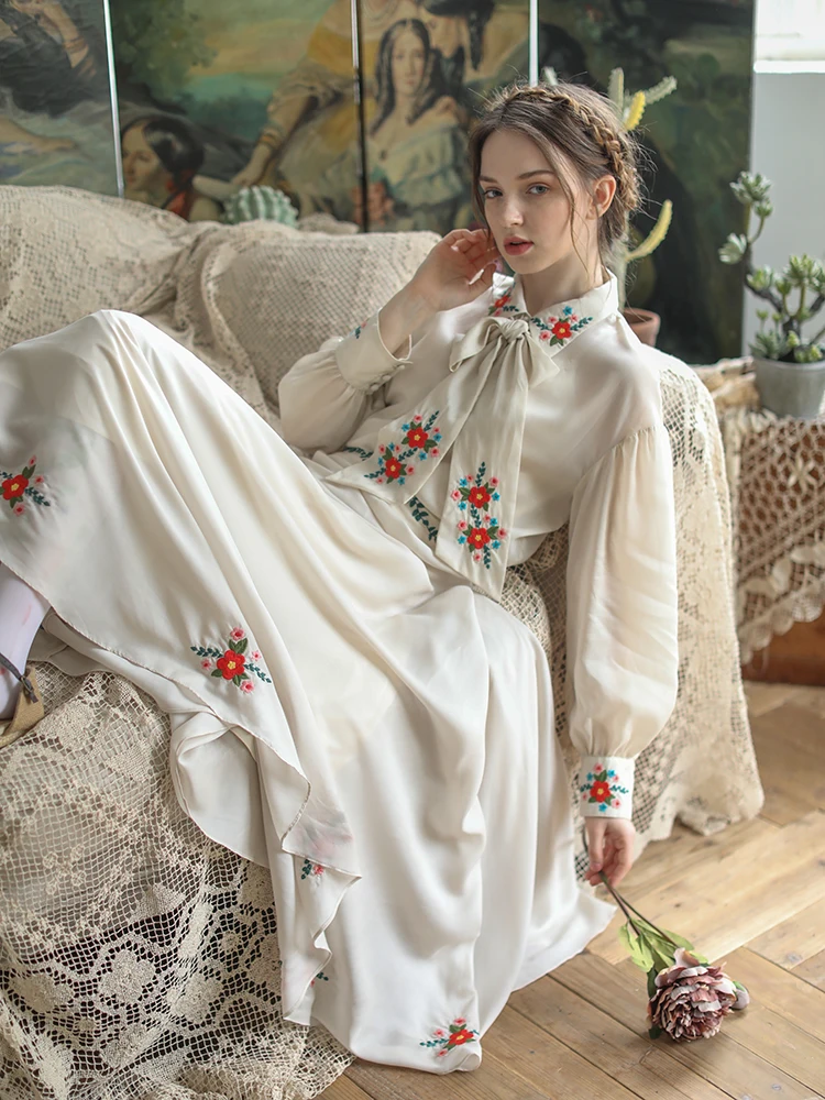 Spring Summer Women Vintage Elegant Mori Girl Sweet Long Sleeve Embroidery Casual Loose AllMatch Shirts Blouses With Ties