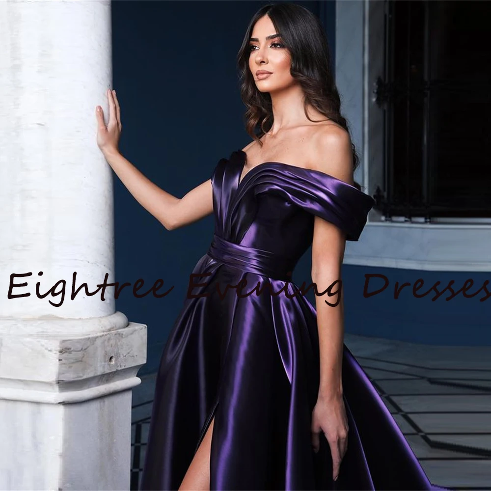 Gaun Pesta Malam Bahu Panjang Ungu Gelap Royal Eightree Gaun Prom Formal Tanpa Lengan Belah Samping Gaun Vestidos