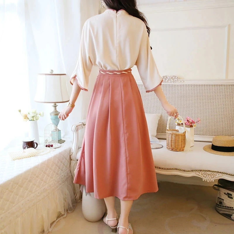 2023 Chinese Traditional Improved Hanfu For Women Spring Daily Chiffon Beige Top Pink Skirt Elegant Moderm Costumes 2PCS Sets