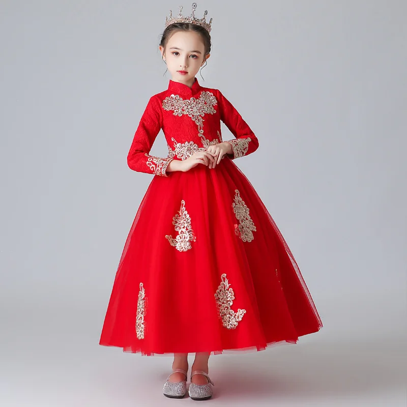 Flower child wedding party Bridesmaid child long embroidered red dress girl Princess Christmas party ball Chinese new year dress